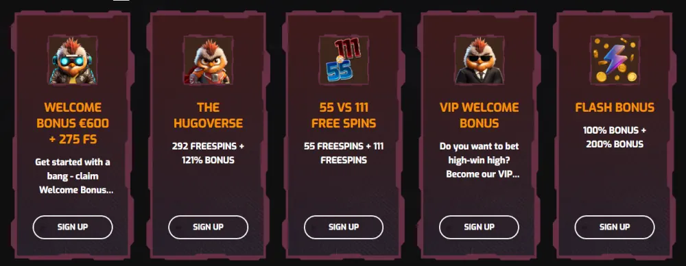 Hugo Casino promotertabell som viser ulike velkomst- og reloadbonuser.